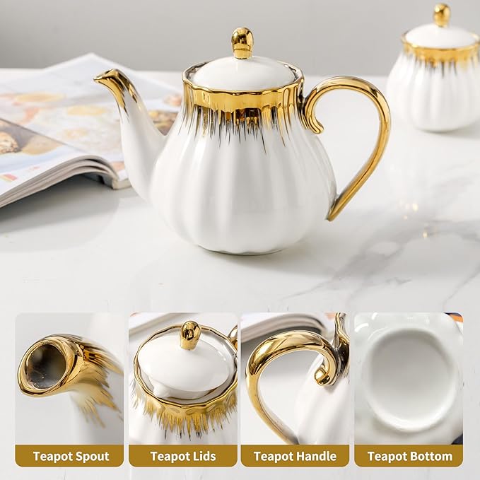 Ceramic Teapot, Ceramic Tea Pot with Removable Stainless Steel Infuser White Teapots with Gold Trim, Floral Teapot, Tea Kettles for loose leaf tea and tea bags, Coffee(30oz)