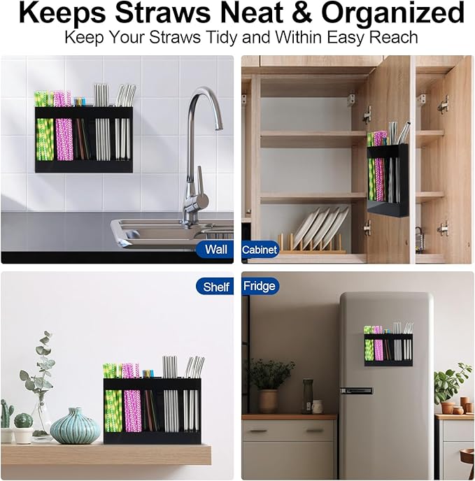 Upgraded Acrylic Straw Holder for Cabinet Door, Fridge & Countertop–Magnetic/Adhesive Dual Mount, Strong Hold, Space-Saving Straw Organizer with Adhesive Tape, Magnetic Sheet