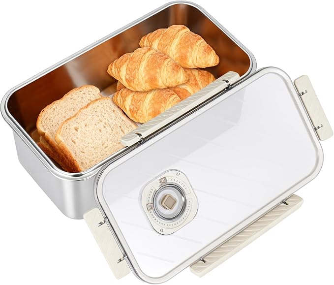 Bread Box for Homemade Bread with Lid, Time Recording Bread Storage Container, Airtight Fresh Bread Holder bin For Kitchen Countertop, Dishwasher Safe