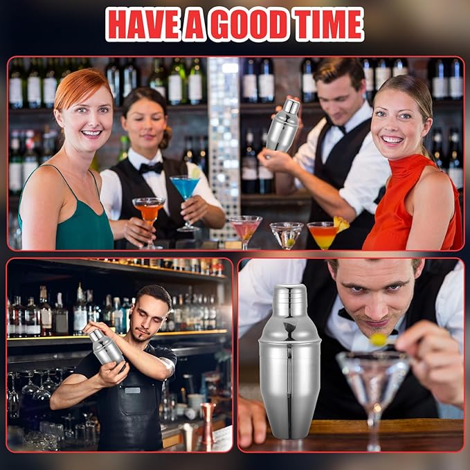 Nitial 6 Pcs Bar Cocktail Shaker Professional Stainless Steel Martini Drink Mixer with Built-in Strainer for Bartending No Leaks Boston Shaker for Bar Party Drink Mixing Tool(11.8 oz,Silver)