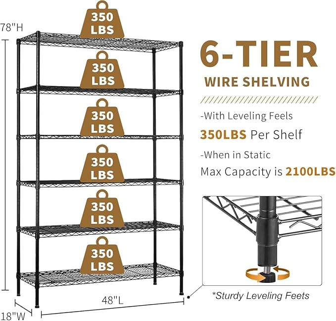 6 Tier Wire Shelving with Wheels, 2100lbs Storage Shelves Metal Shelves for Storage Rack, Adjustable Garage Shelf Heavy Duty Shelving Units Pantry Shelf Kitchen, (48"x18"x82", Black)