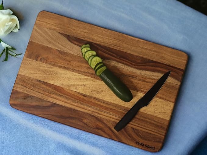 Vesta Homes Extra Large Wooden Cutting Board | 18 * 12 Inches | Chopping, Serving Board/Block for Vegetables, Fruits, Cheese and Charcuterie | Natural Acacia Wood | 1" Thick | Handcrafted in India