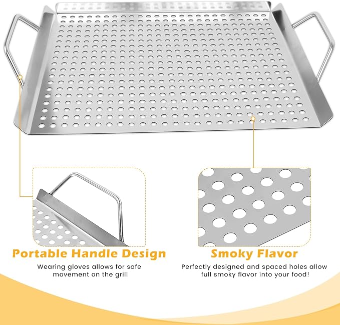 11 x 14 Inch Nonstick Grill Tray with Handles,Perforated Stainless Steel Grill Pans for Outdoor Grill,Heavy Duty Grilling Accessories for Charcoal Gas Grills,Easy to Use and Clean (11 * 14)