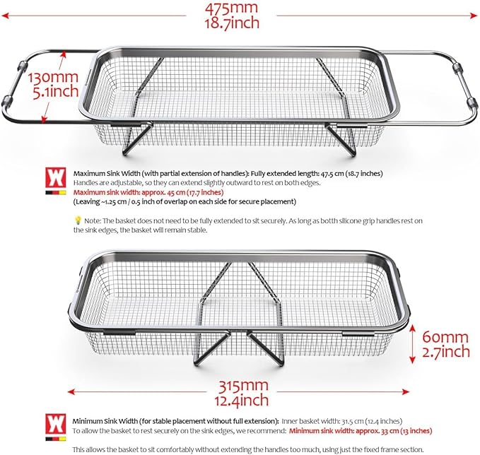Extendable Dish Rack with Feet, Vegetable Colander Basket, Stainless Steel Dish or Silverware Drying Rack, Ultimate Kitchen Organizer Over The Sink (12.40 x 5.12 x 2.36 Inches)