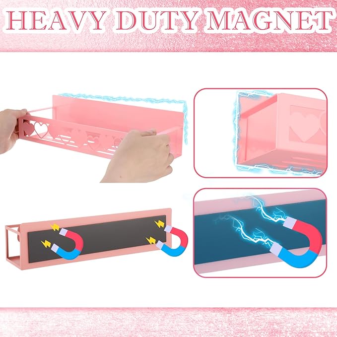2 Pack Heart Magnetic Spice Rack for Refrigerator Metal Magnet Basket Shelf for Fridge Seasoning Storage Organizers Home Decor Kitchen Accessories (Pink)