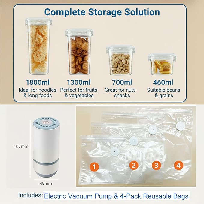 Vacuum Container,Vacuum Seal Containers,4pcs Airtight Food Storage Containers with Lids,8pcs Food Vacuum Bags/ 1pc Automatic Pump,for Kitchen and Pantry Organization (Rectangula)