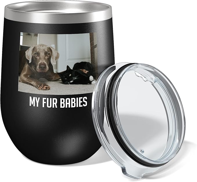 Personalized 12oz (17 Colors) Mother's Day Photo Printed Insulated Stainless Steel Powder Coated Stemless Wine Tumbler with Lid, Customized Gift Idea for Her, Custom Coach Gifts Team Mom Dad (Black)