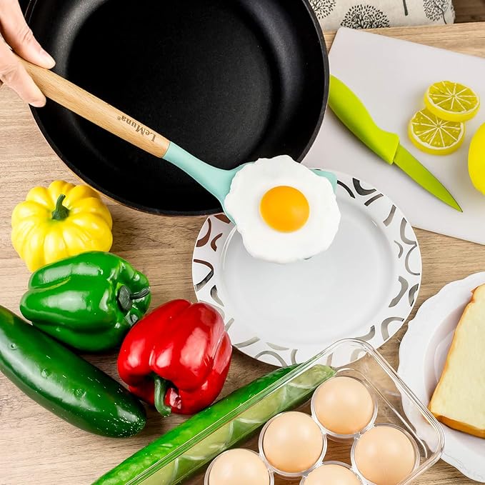 LeMuna Cooking Utensils Set, 18pcs Kitchen Silicone Utensils, Heat Resistant Non Toxic & BPA-Free with Holder & Wooden Handle, Home Essential Accessories, Teal(Turquoise)