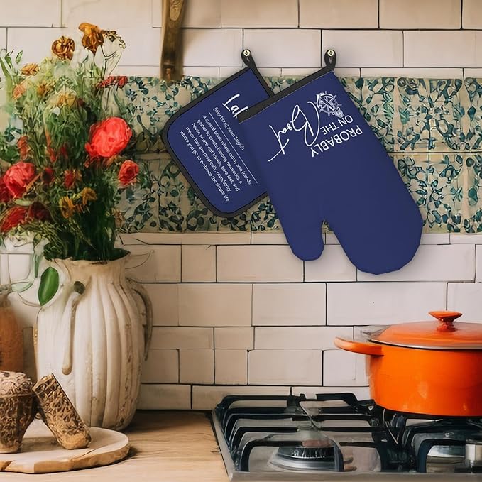 Lake House Gifts Navy Blue Oven Mitts and Pot Holders Sets, Lake Lovers Gifts Kitchen Accessories Sets Decor, Blue Probably on The Boat Heat Resistant Oven Glove Potholders for Kitchen Baking
