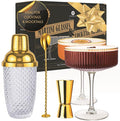 VEMACITY - Luxury Gold Cocktail Shaker Set - 15oz Glass Shaker with Strainer + 2 Gold-Rim Ribbed Martini Glasses (10oz) & Bar Tools | Espresso Martini Glasses | Ideal for Christmas & New Years