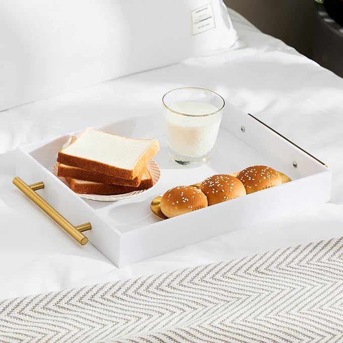 Glossy White Acrylic Lucite Serving Tray with Metal Handles,No Need to Assemble,11x14 Inch,Decorative Storage Organizer with Spill-Proof Design,Serving for Coffee,Breakfast,Dinner and More