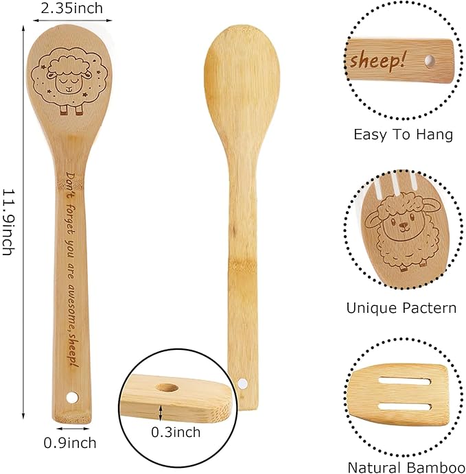 5PCS Sheep Wooden Cooking Spoons Set Sheep Gifts for Women Kitchen Decor Bamboo Cooking Utensil Spoons for Housewarming Wedding Anniversary Thanksgiving Christmas Gifts Mom Women