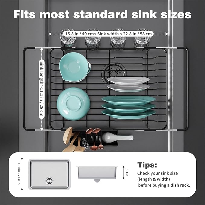 Dish Drying Rack in Sink: Expandable, 3-Slot Utensil Holder, Anti-Slip Handle. Small Dish Rack: Ideal for Small Households. Kitchen Drying Rack: Black