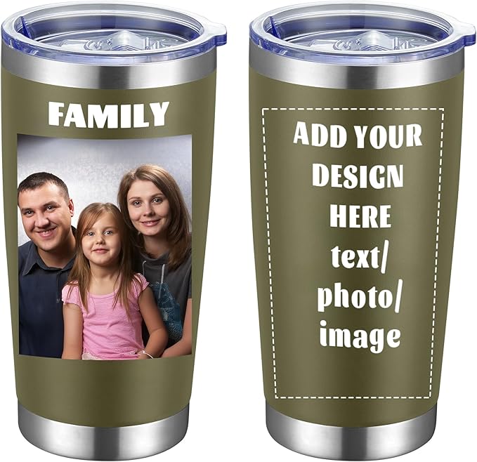MEWAY Personalized Custom 20oz Stainless Steel Tumbler with Lid, Insulated Double Wall Vacuum Travel Coffee Tumbler Gifts with Text Photo Logo (Army green, 1pack)