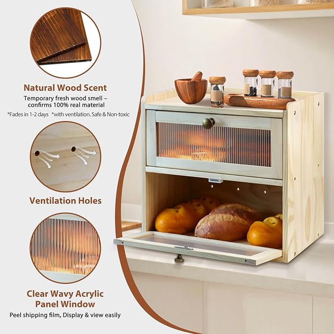 Bread Box for Kitchen Countertop, 2 Layer Large Capacity Wooden Bread Storage Container with Clear Wavy Acrylic Window Breadbox Holder Keeper Farmhouse Food Organizer for Christmas Xmas Gift