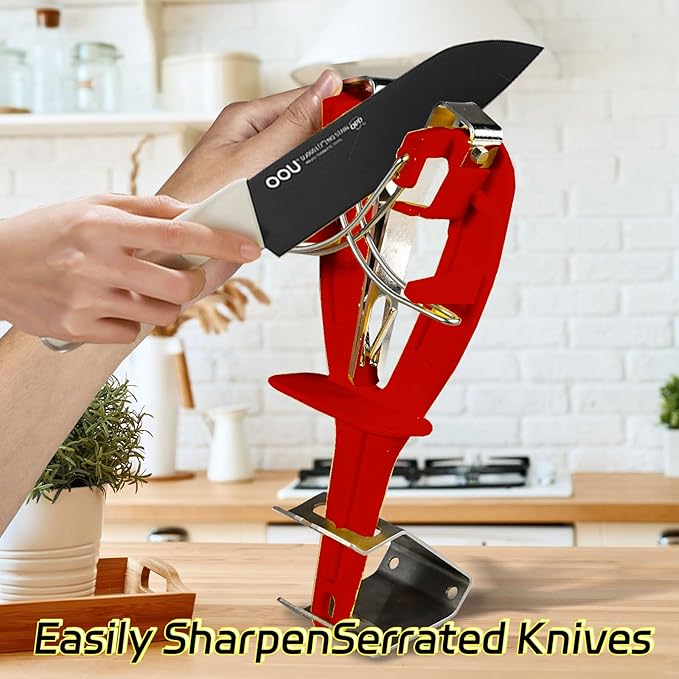 Stainless Steel Knife Sharpener Tool with Bracket, Maintenance Sharpening Tool for Kitchen Abattoirs Knives Helps Repair Sharpens (Red)