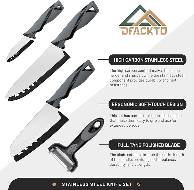 DFACKTO 7-Piece Kitchen Knife Set with Vegetable Peeler without Block – Stainless Steel Knives for Kitchen, Dishwasher Safe Cooking Knife Set with Covers, Sharp Cutting Knives for Cooking – Black Gray
