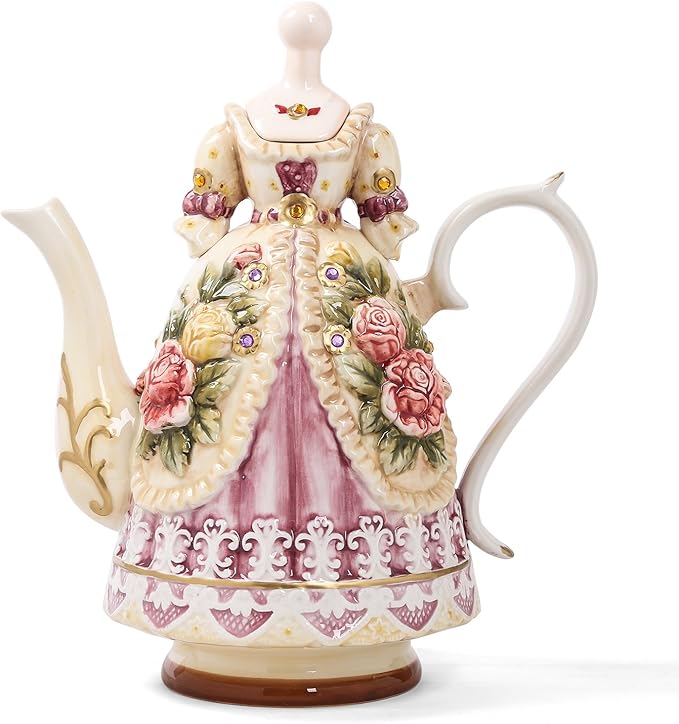 Large Ceramic Teapot and Coffee Pot with Lid, 3D Embossed Victoria Pink Rose Flowers Decorative Teapot(Red）