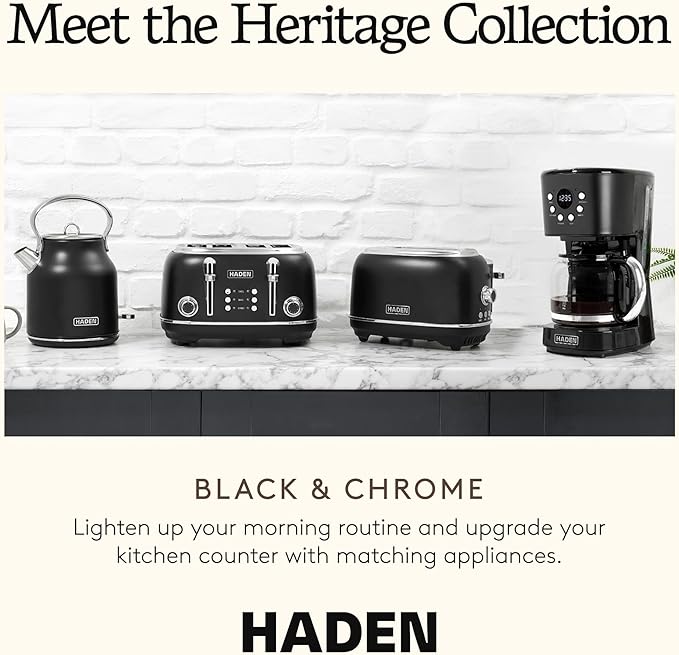 Haden Heritage 4 Slice Wide Slot Stainless Steel Toaster with Adjustable Browning Control & Non-Slip Feet, Black & Chrome