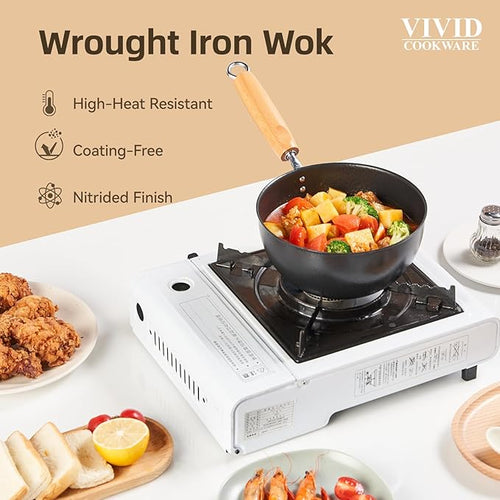 1.5 QT Small Wok, Cold-Forged Iron Wok with Glass Lid, 7 Inch Nonstick Sauce Pan for Single Meals, Flat Bottom Iron Pot for Stir-Fry, Multipurpose Cooking Pot for Everyday Cooking