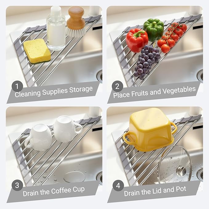 Corner Sink Roll Up Triangular Dish Drying Rack, Small Multipurpose Stainless Steel Corner Shelf Over The Sink, Kitchen Drainer & Organizer for Space-Saving Storage