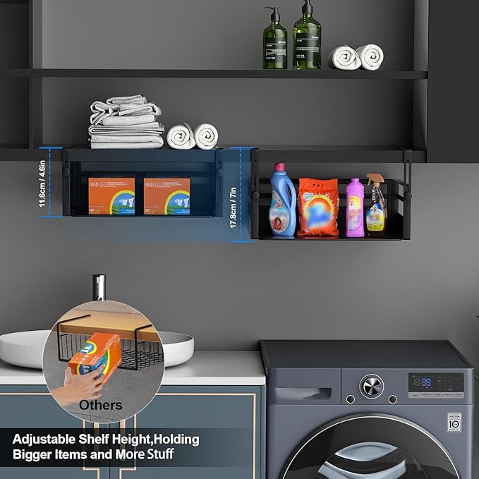 2 Pack Under Shelf Basket Organizers,Adjustable Hanging Under Cabinet Add-on Storage Racks Slide-in Baskets Organizer for Laundry Room Kitchen Pantry Desk Bookshelf, Black