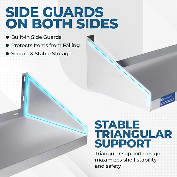 Premium Quality Stainless Steel Wall Shelf with Side Guards | Commercial Metal Shelving | | NSF Certified | (60" Long x 12" Deep)