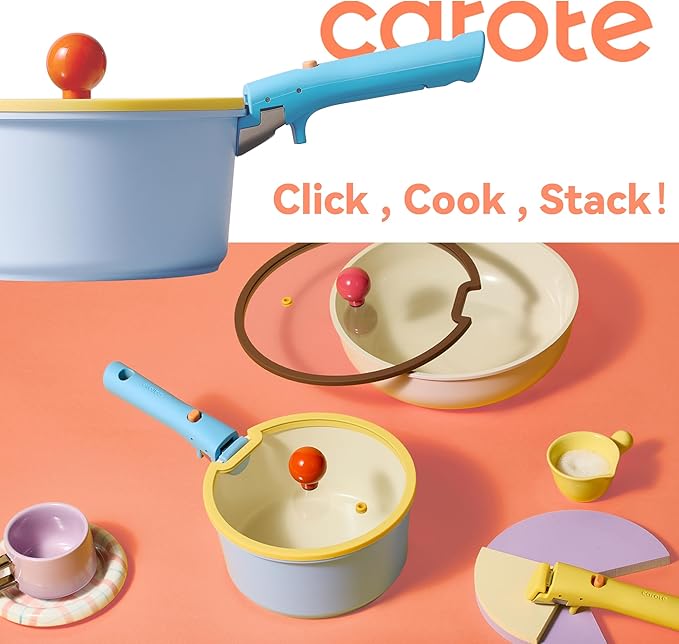 CAROTE 20pcs Ceramic Cookware Set Detachable Handle, Pots and Pans Set Nonstick, Induction Cookware with Removable Handle, RV Dishwasher ＆ Oven Safe, PFOA Free