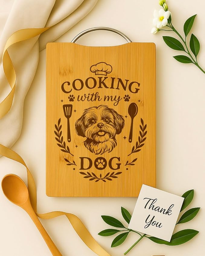 Bamboo Cutting Board, Personalized Dog Lover Gift, Handmade Kitchen Decor – Cooking with My Dog (Shih Tzu)