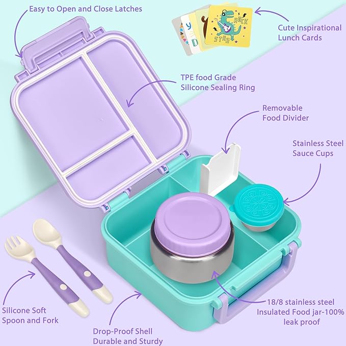 Kids Bento Lunch Box with 9oz Soup Thermo Leakproof Lunch Food Containers 4 Compartment with Insulated Hot Food Jar for Kid Toddler Girls Boys to School, Trvael