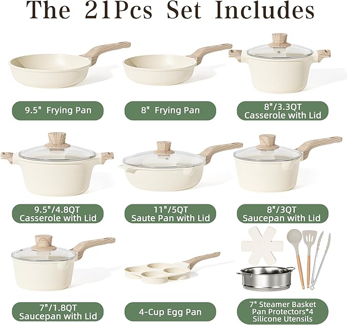 Kitchen Cookware Sets, 21 Pcs Pots and Pans Set Non Stick, Granite Induction Cookware With Steamer Basket, Nonstick Cooking Pot and Pan Set, 4-Cup Egg Pan Set, PFOS PFOA Free, Cream White