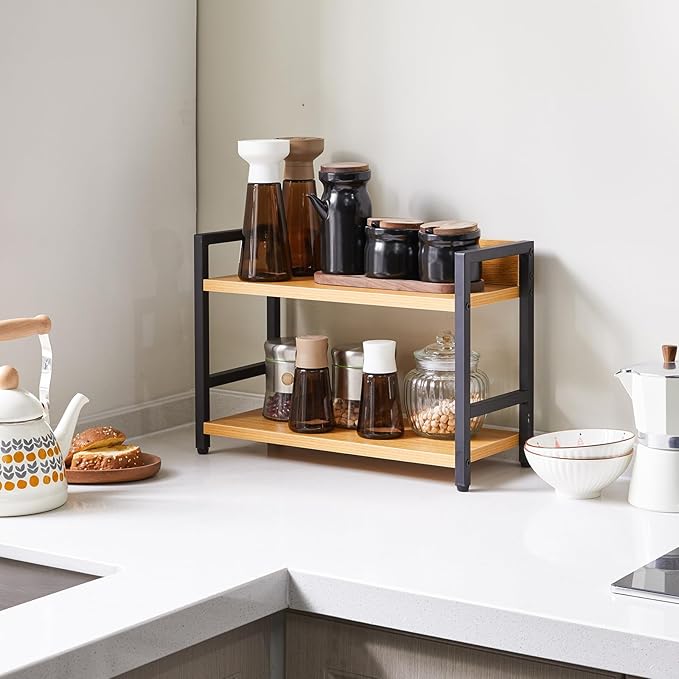 IBUYKE 2-Tier Spice Rack Industrial Counter Shelf Desktop Storage Organizer Standing Seasoning Rack for Countertop Kitchen Office Living Room Desktop Nature,UTLJ002N