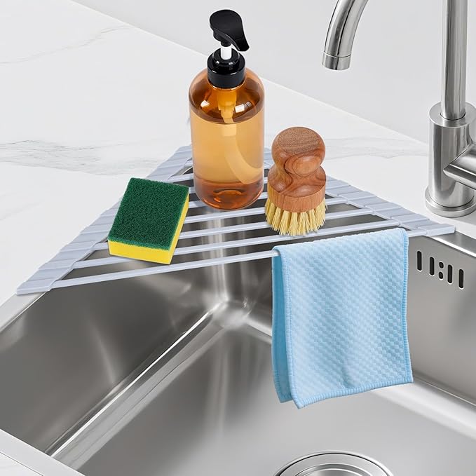 Triangular Sink Rack, Multi-Functional Rack Above The countertop, Foldable Sink Drying mat, Heat-Resistant, Non-Slip, and Rust-Proof Dish Rack (Gray)