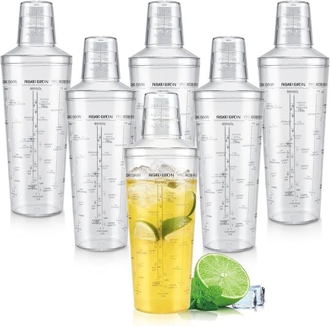 Plastic Boston Cocktail Shaker Set, 6 Pack 18oz Shatterproof Bartender Kit with Built-in Strainer Lids, Travel Bar Tools for Beginners, Mixing Martinis, Margaritas (530ML, 6 pack)