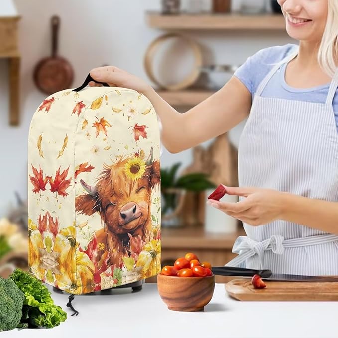 Autumn Highland Cow Blender Dust Cover with Drawstring Stand Mixer or Coffee Maker Cover Anti Fingerprint Polyester Appliance Cover for Home Kitchen Decor