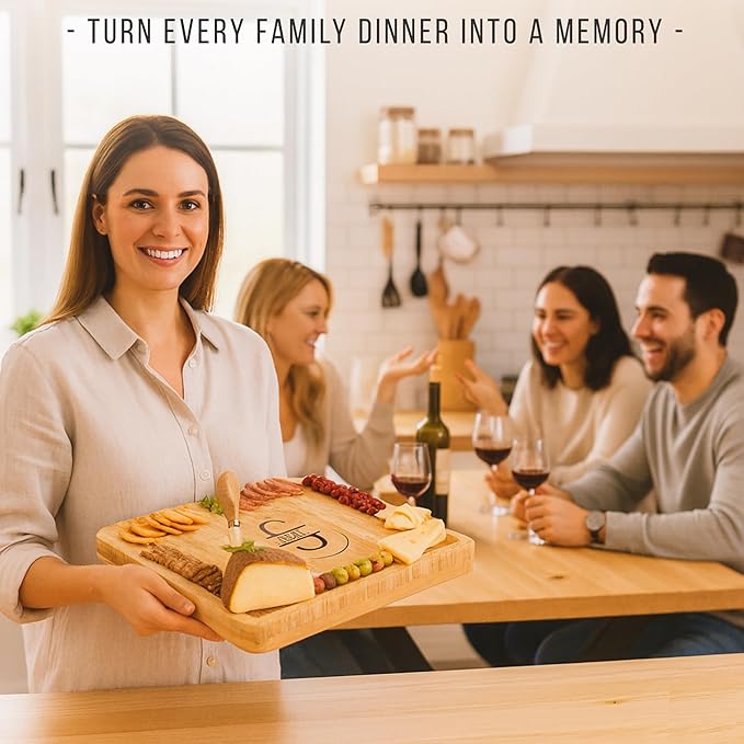 Personalized Bamboo Charcuterie Board Set with Accessories – Large Serving Tray with Knives & Smooth Surface for Cutting or Serving, Present for Wedding, Christmas, Anniversary, Housewarming Gift