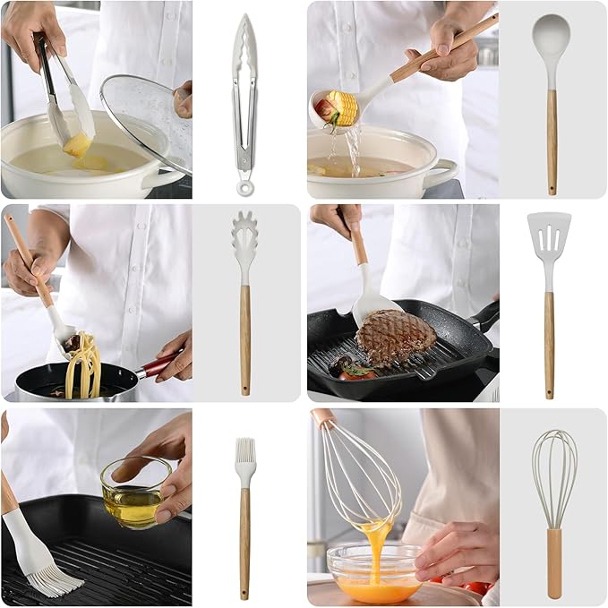 Kitchen Utensils Set of 12, Silicone Cooking Utensils with Non-Slip Wooden Handle and Organizer Bucket, 446°F Heat Resistant Cookware Utensils Set (Cream White)