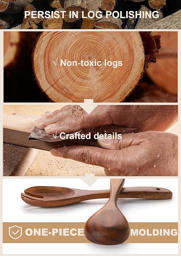 Nucookery Wooden Cooking Utensils Set with Holder, Teak Wood Utensils, Ceramic Holder for Countertop with Protection Cork Bottom, Nonstick Spoons, Cooking Spatula Set, 10 Pcs Kitchen Decor, (Sand)