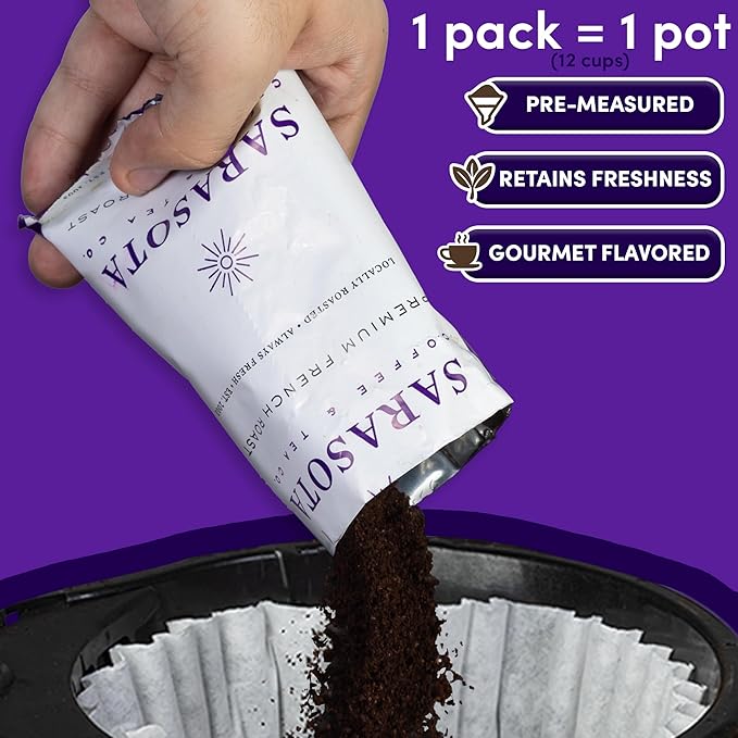 Coffee Packets – Dark French Roast Ground, 2.5oz Extra-Strong Pre-Measured Packs for 12-Cup Drip Brewers, Bulk Single-Pot Fractional Bags, 36 Count | Sarasota Coffee