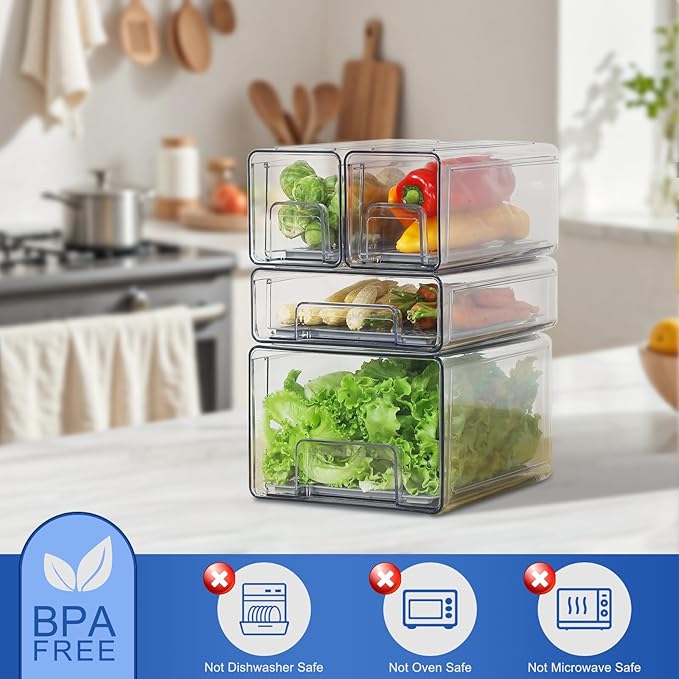 Plastic Clear Fridge Storage Organizer with Drawers & Drainer - Stackable Bins for Kitchen Fruit & Veggie Organization (Complete Set)