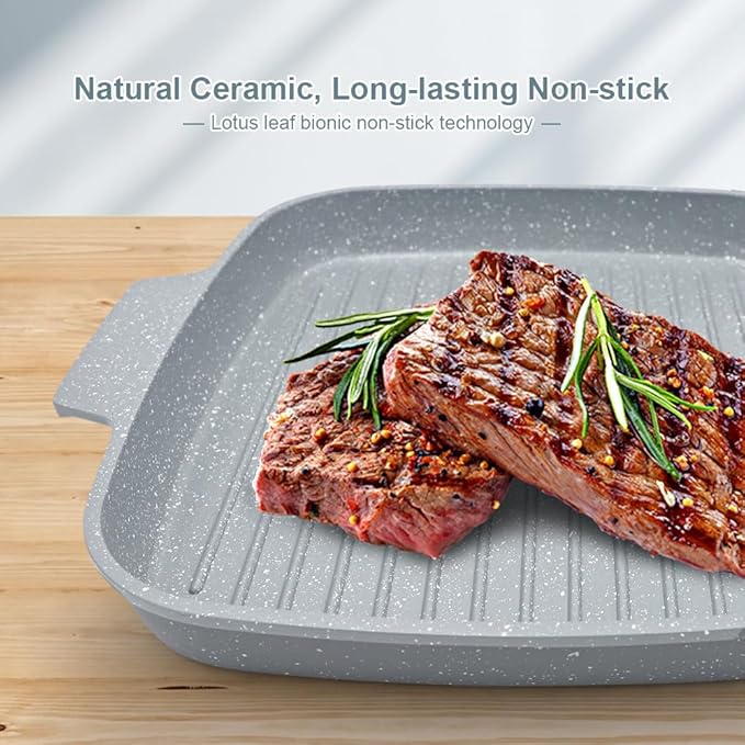Nonstick Ceramic Griddle Pan with Lid, 10 Inch Steak Pan with Detachable Handle Induction Compatible, PFOA Free - Blue