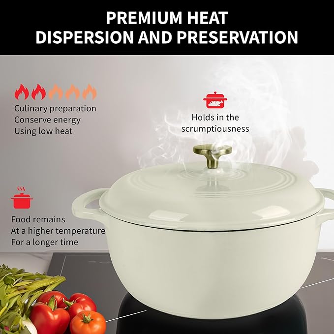 Premium Enameled Cast Iron Dutch Oven for Bread Baking | Non-Stick 5.5QT Oval Bread Oven with Lid | Perfect for Sourdough, Loaf, and Artisan Baking (Round Cream, 5.5 QT)