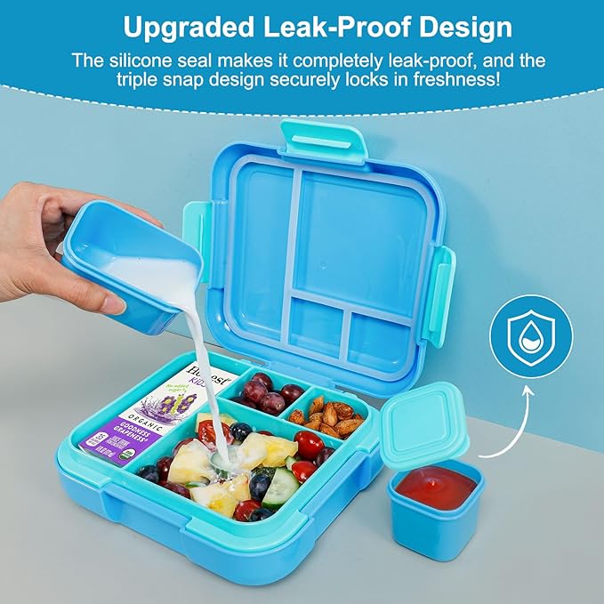 Caperci Bento Box for Kids - Leak-Proof Lunch Box Snack Container with 2 Modular Containers & 4 Compartments, Hold 4.8 Cups, Portable Handle, BPA-Free, Microwave/Dishwasher Safe (Sea Life)