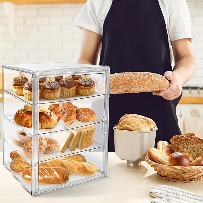 Extra Large 4 Tiers Clear Bread Box for Kitchen Counter, Acrylic Bread Keeper Stackable Storage Container Plastic Bread Bin Holder with Magnetic Door for Pantry Countertop
