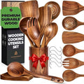 Wooden Utensil Set 8 Pcs – Sturdy & Easy to Clean, Natural Teak Wooden Spoons for Cooking – Non-Scratch Cooking Utensils with Spatula, Turner, Ladle, Spoons, Holder, Spoon Rest, 6 Hooks Kitchen Gifts