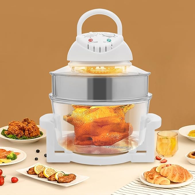 17L/17.96Qt Turbo Electric Glass Air Fryer w/ 2 Grill, Electric Turbo Convection Oven Roaste, 360° Viewable Airy Fryer with Expansion Ring, Multifunction Oilless Halogen Oven