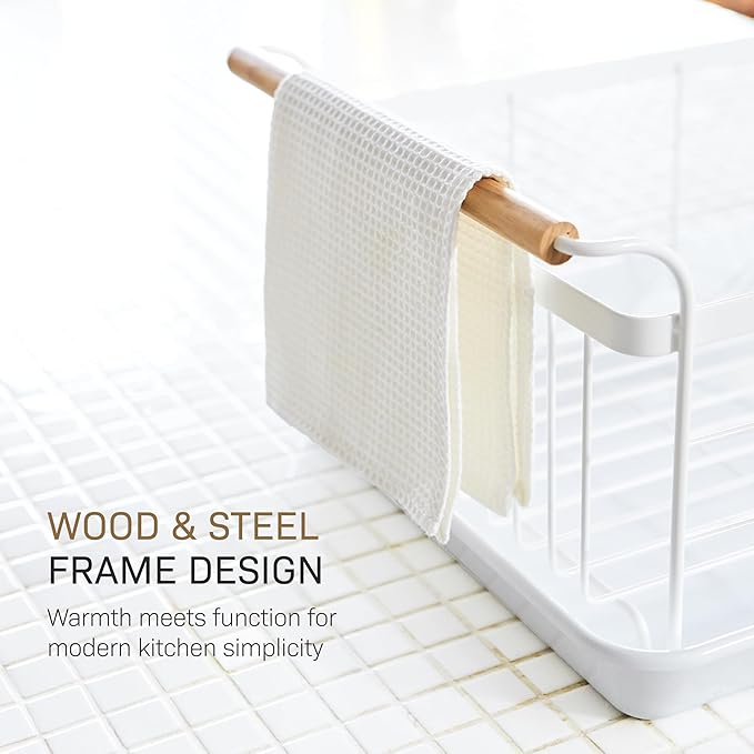 Yamazaki Home Dish Drying Rack – Modern White Dish Rack for Kitchen Counter with Removable Drainer Tray and Cutlery Holder, Steel + Wood Dish Drying Organizer, Small Space-Saving Design