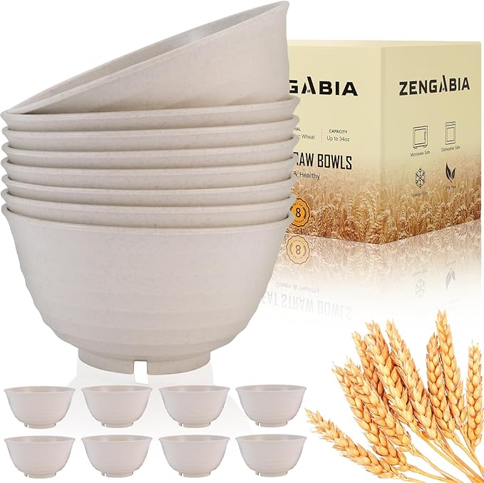 34 Oz Large Cereal Bowls, Unbreakable Lightweight Plastic Soup Wheat Straw Bowls Set of 8 Reusable, Microwave Dishwasher Safe BPA-Free for Snack Salad Kitchen Camping, Beige