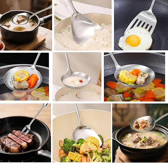 304 18/10 Stainless Steel Kitchen Utensils Set 9 Pack Long Cooking Utensil, Spatula, Soup spoon, Leaking shovel, Ladle, Tunner, Pasta Server, Meat Fork Kitchen Tools Set