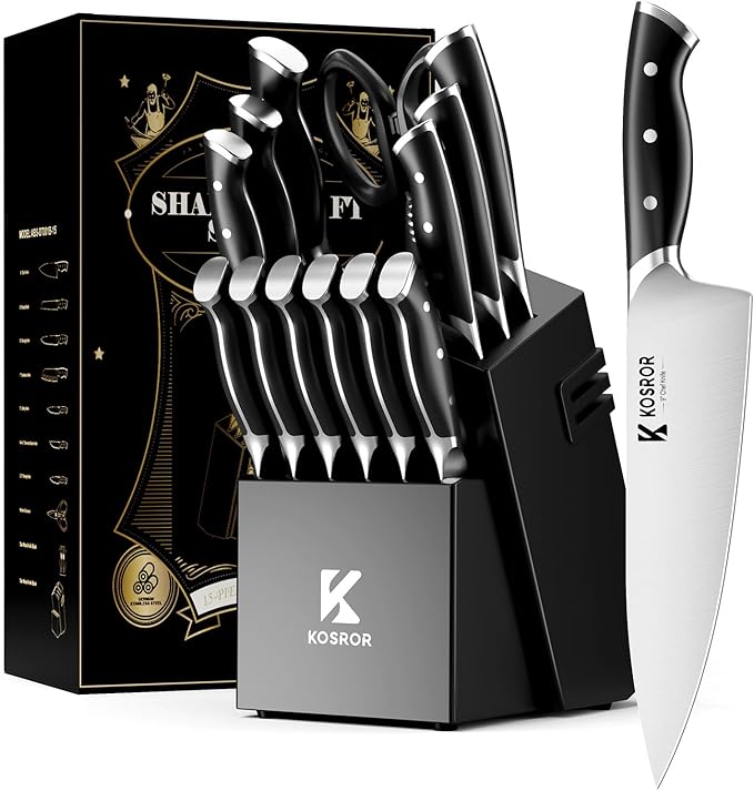 Knife Block Set - KOSROR 15 PCS German Stainless Steel Kitchen Knife Set with Block and Sharpener - Full-Tang Ergonomic Handle Knife Set - Razor Sharp Blades and Dishwasher Safe - ShadowCraft Series